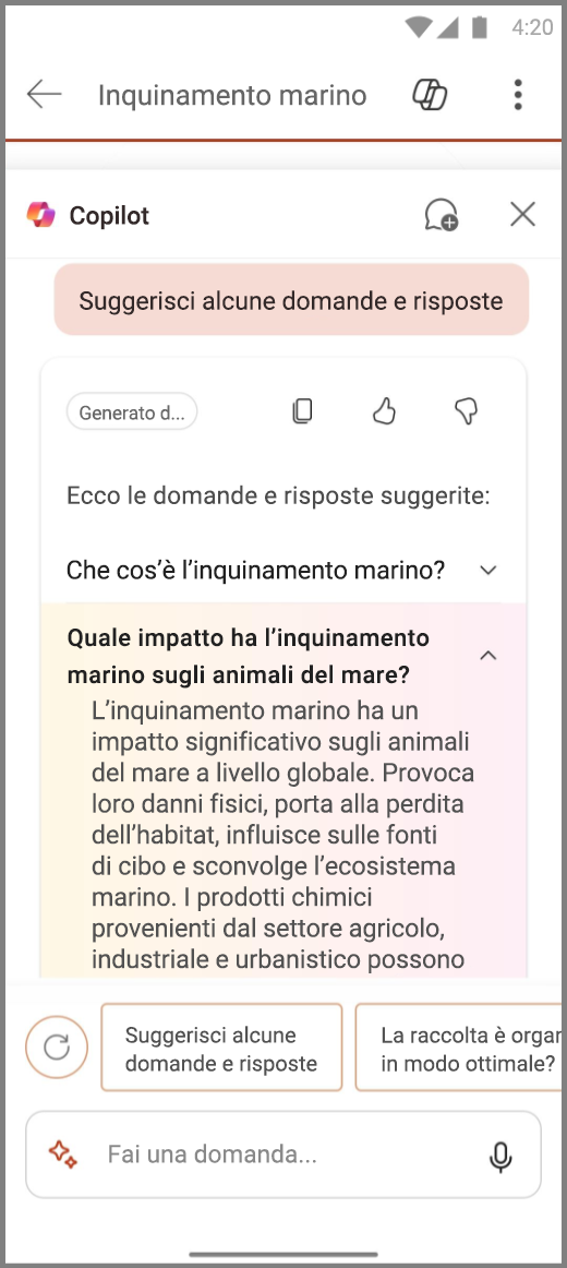 Screenshot di Copilot in PowerPoint in Android con i risultati del prompt Suggerisci alcune domande e risposte