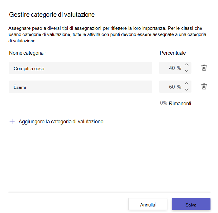 screenshot della finestra di valutazione delle categorie che mostra 2 categorie, compiti a casa per il 40% e esami per il 60%