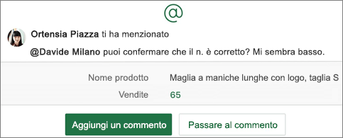 Foglio di calcolo con @menzione e i pulsanti Aggiungi un commento e Vai al commento