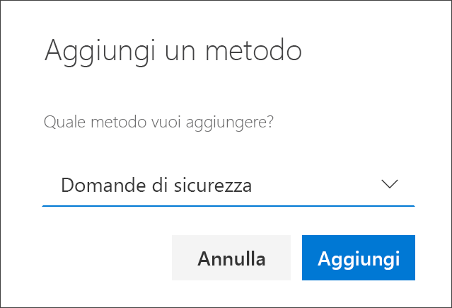 Casella Aggiungi metodo con domande di sicurezza selezionate