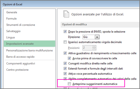 Opzione per abilitare l'Anteprima suggerimenti se è disattivata