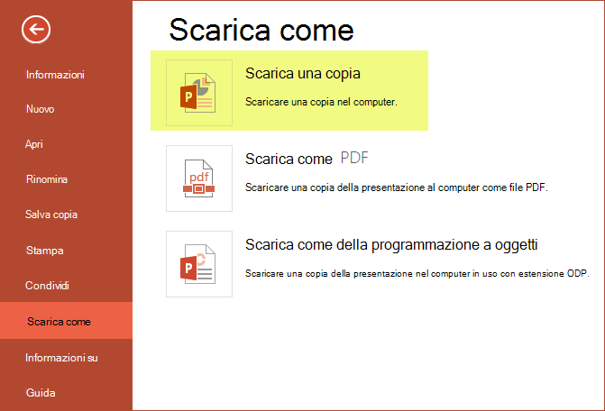 Usare Scarica una copia per salvare la presentazione nel computer