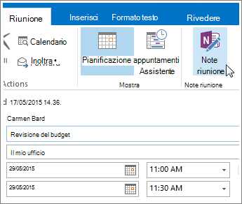 Screenshot del pulsante Note riunione di OneNote in Outlook.