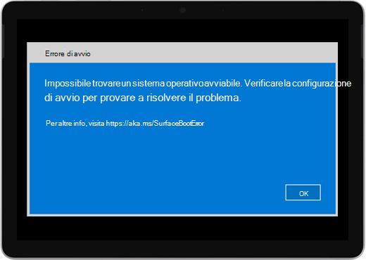 Schermata blu con il titolo "Errore di avvio" e un messaggio che indica di controllare la configurazione di avvio.