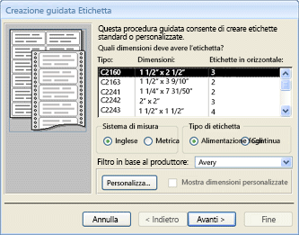 Prima pagina della Creazione guidata Etichetta