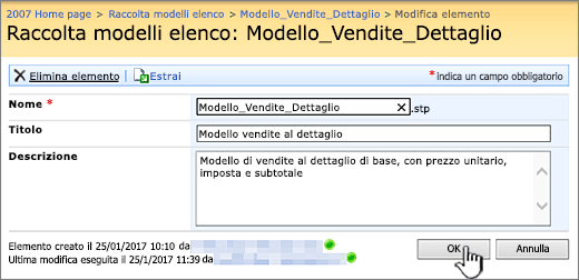 Finestra di dialogo di modifica modello elenco