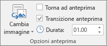 Gruppo Opzioni anteprima nella scheda Formato per un'anteprima della sezione o della diapositiva in PowerPoint.