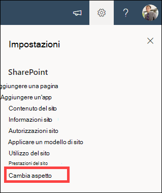 Opzione Impostazioni aperta con cambia l'aspetto evidenziato.