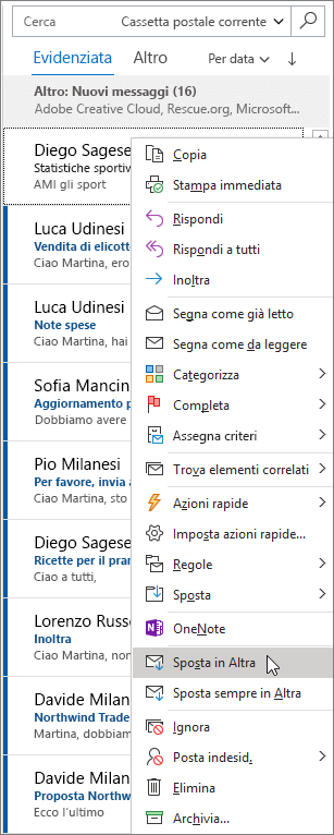 Posta in arrivo evidenziata in Outlook