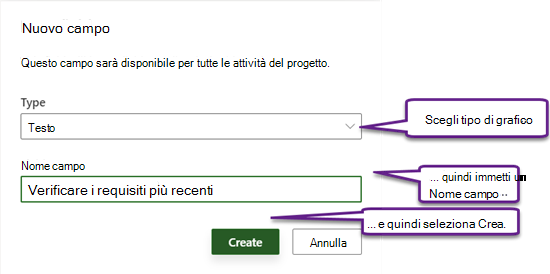 Finestra di dialogo Nuovo campo in Project Power App