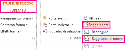 Pulsante Raggruppa di nuovo nella scheda Strumenti di disegno - Formato