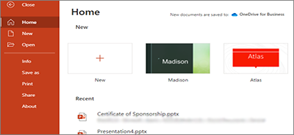 Screenshot del menu File per PowerPoint per il web