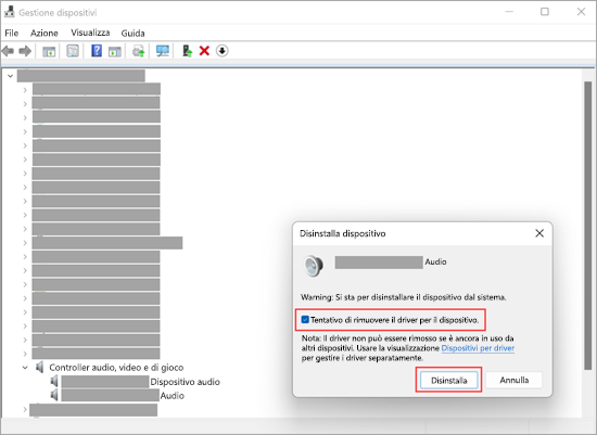Disinstallare un dispositivo audio in Gestione dispositivi in Windows 11.