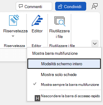 Comando tastiera per nascondere la barra di accesso rapido