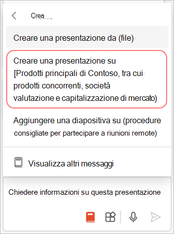 Screenshot del menu di richiesta in Copilot in PowerPoint con l'opzione Crea una presentazione su evidenziata