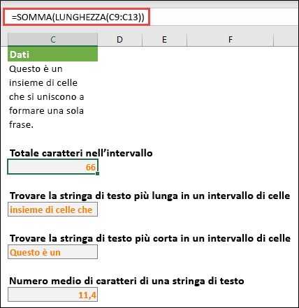 Contare il numero totale di caratteri in un intervallo e altre matrici per lavorare con le stringhe di testo