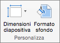 Screenshot che mostra il gruppo Personalizza con le opzioni per Dimensioni diapositiva e Formato sfondo.