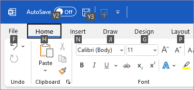 Suggerimenti tasti di scelta visualizzati sulla barra multifunzione di Word.