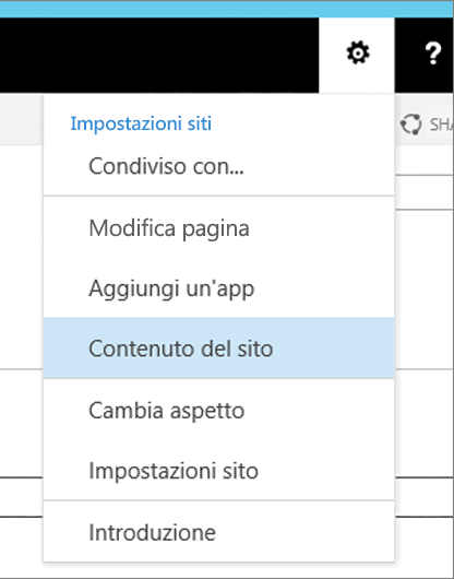 Menu Impostazioni con il contenuto del sito evidenziato