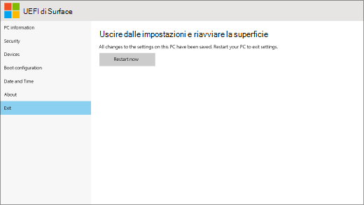 Schermata di uscita della UEFI di Surface