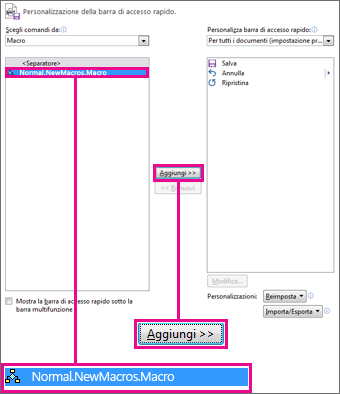 La macro e il pulsante Aggiungi