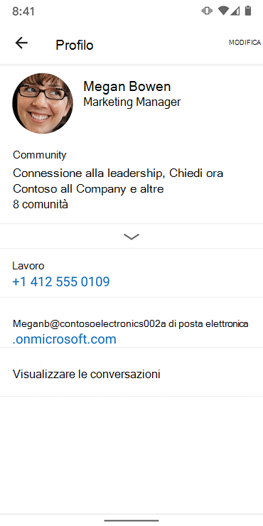 Screenshot che mostra la configurazione di un profilo nella nuova app Yammer per Android