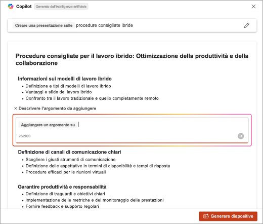 Screenshot del percorso in cui immettere la descrizione dell'argomento aggiunto quando si usa PowerPoint Copilot.