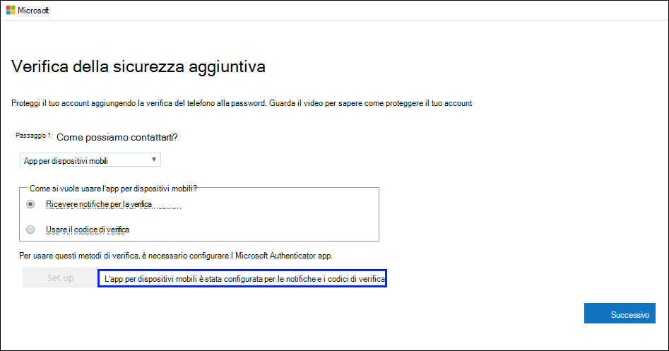 Screenshot che mostra la pagina "Verifica della sicurezza aggiuntiva", con l'app per dispositivi mobili "È stata configurata..." messaggio di successo evidenziato.