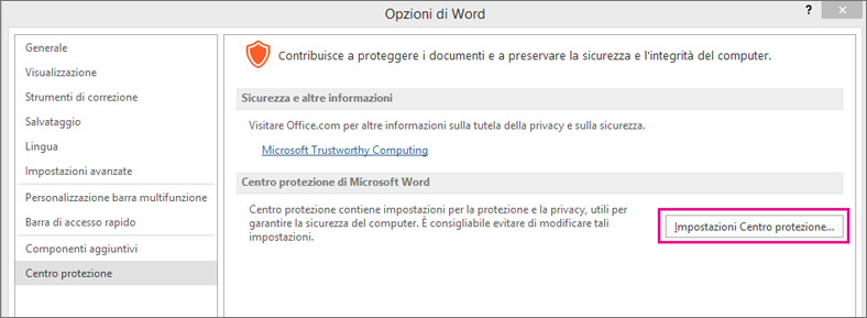 Opzione Impostazioni Centro protezione evidenziata