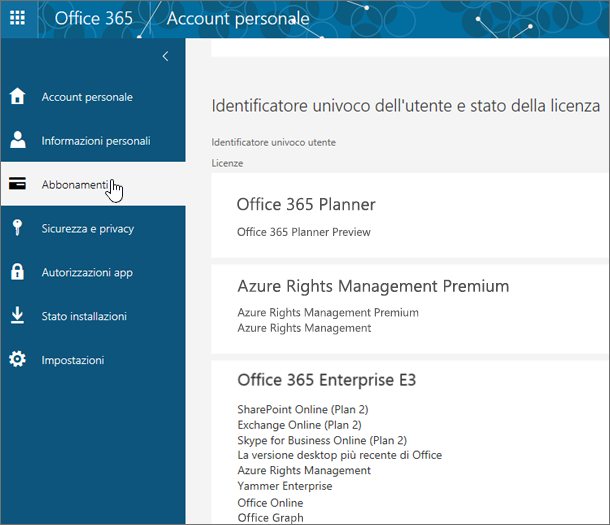 Pagina Abbonamenti a Office 365