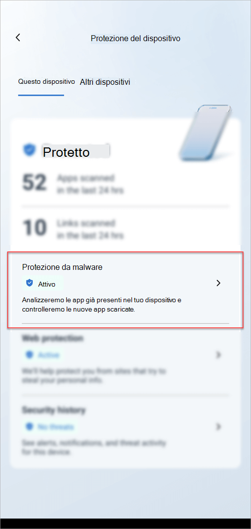 Scheda Protezione dispositivo in Microsoft Defender in Android con la sezione Protezione da malware evidenziata.