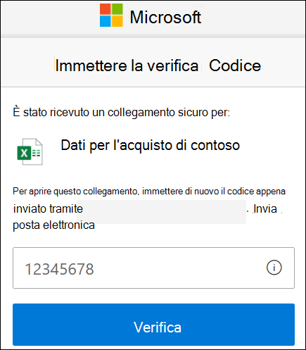 Finestra verifica codice di condivisione esterna di OneDrive