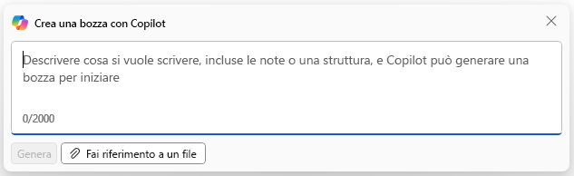 Screenshot del riquadro di composizione di Bozza con Copilot in Copilot in Word