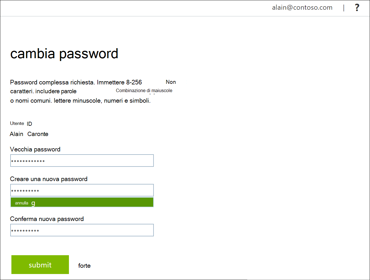 Pagina Cambia password con i campi delle password