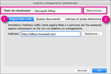 Finestra di dialogo Collegamento ipertestuale in Office per Mac