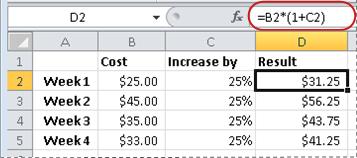 Esempio di formula per il calcolo di una percentuale