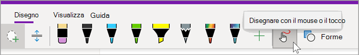 screenshot della scheda Disegno di OneNote per Windows 10 con il mouse posizionato sul pulsante "Disegna con mouse o tocco"