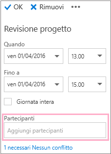 Riquadro dei dettagli che mostra la casella Partecipanti da usare con l'Assistente Pianificazione