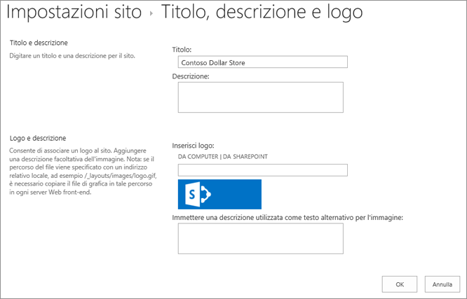 Pagina delle impostazioni per titolo, descrizione e logo