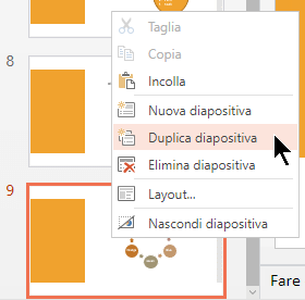 Fare clic con il pulsante destro del mouse su una diapositiva e scegliere Duplica diapositiva