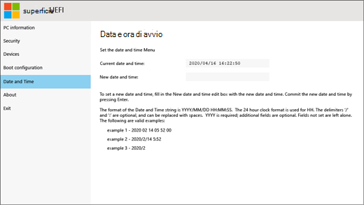 Schermata di data e ora per UEFI di Surface