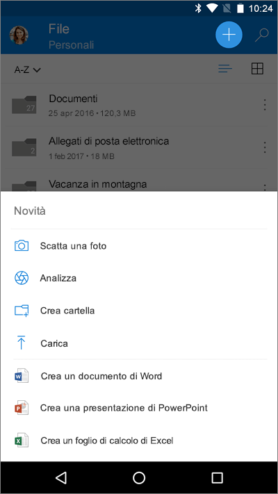 Screenshot della schermata File con il menu Aggiungi in Word per iOS.