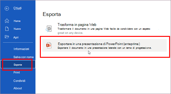 Esportare in una presentazione