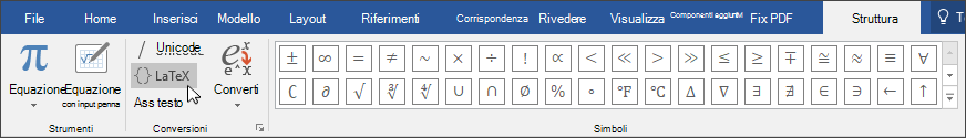 Immagine della scheda Progettazione che mostra i formati di equazione disponibili per il formato LaTex.