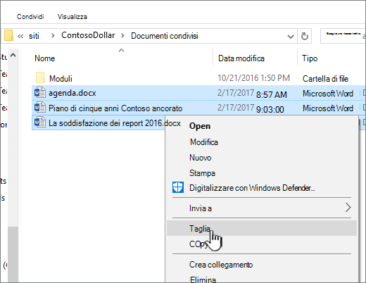 Fare clic con il pulsante destro del mouse e scegliere Taglia per spostare un file