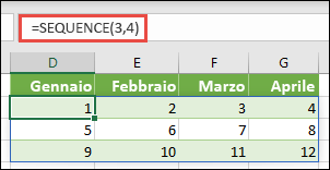 Creare una costante di matrice di 3 righe per 4 colonne con = SEQUENZA(3,4)