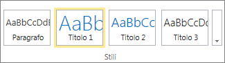 Screenshot che mostra il gruppo Stili sulla barra multifunzione di SharePoint Online con lo stile Titolo 1 selezionato.