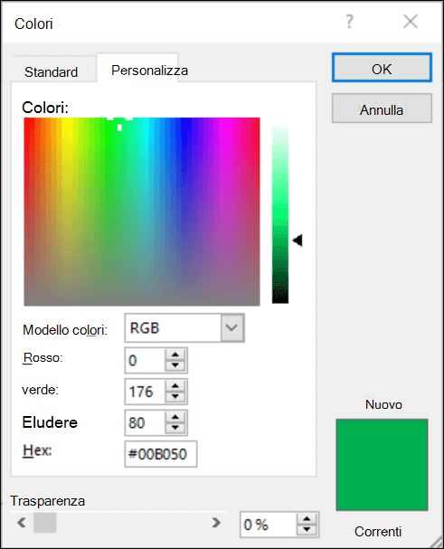 Selezione colori nelle app di Office. Nei campi RGB è presente un nuovo campo in cui immettere il valore del colore esadecimale.