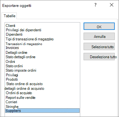 Selezione delle tabelle di cui eseguire la migrazione