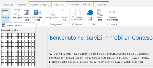 Screenshot che mostra la barra multifunzione di SharePoint Online. Selezionare la scheda Inserisci e quindi Inserisci tabella per specificare il numero di righe e colonne per una nuova tabella.